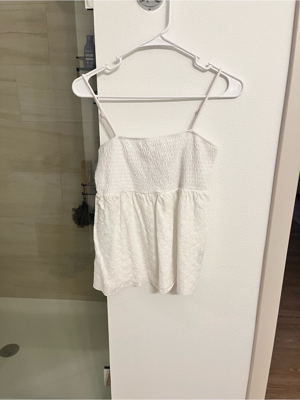 White Eyelet Smocked Spaghetti Strap Cami